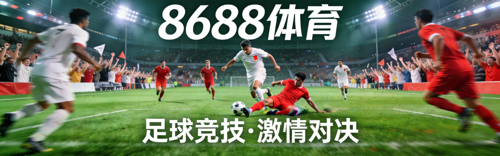 8688体育首页横幅 - 足球运动员在绿茵场上激烈角逐的壮观场景，象征着激情与竞技